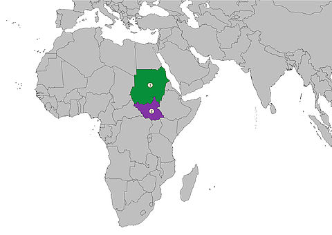 Karte mit den Ländern Sudan und Südsudan.